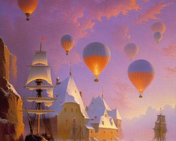 Hot Air Balloons Over Winter Landscape with Castle