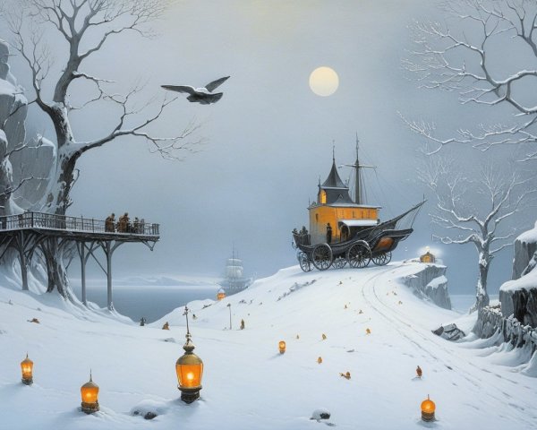 Surreal Winter Landscape with Whimsical Yellow House