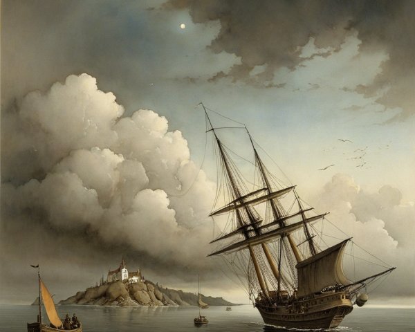 Majestic sailing ship on calm waters with lighthouse