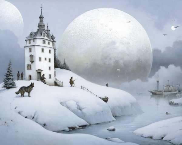 Whimsical Winter Landscape with Castle and Moons