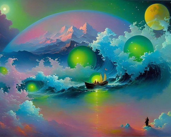 Surreal Landscape with Celestial Scene and Vibrant Colors