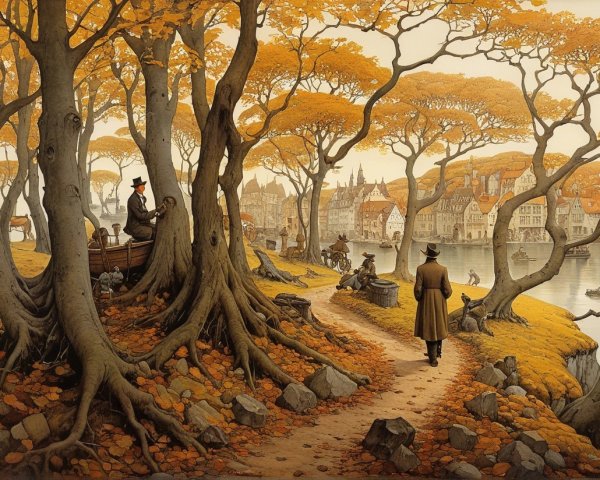 Autumn Riverbank Scene with Vibrant Trees and Houses