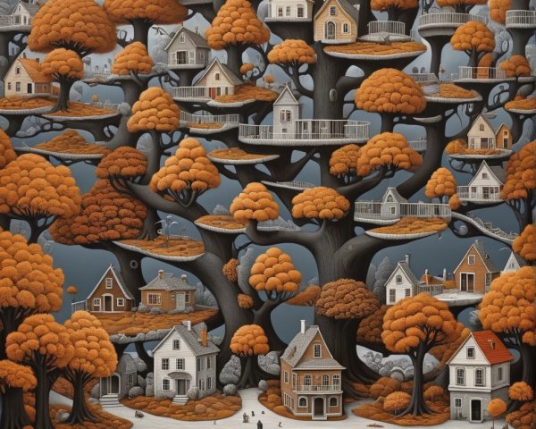 Whimsical Landscape with Orange Foliage and Tree Houses