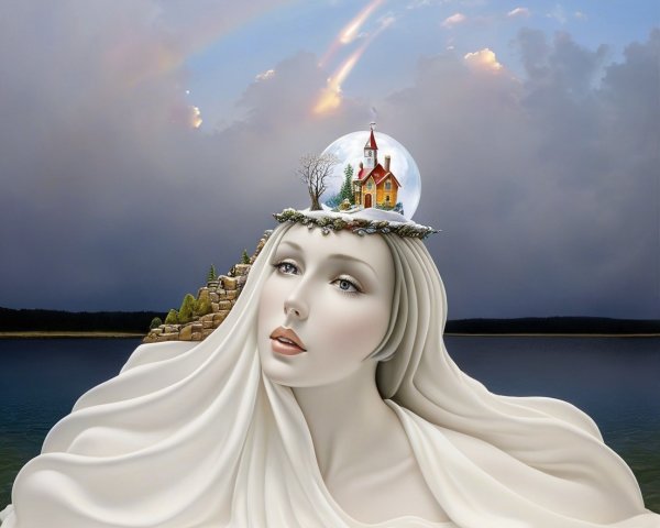 Serene Figure with Crystal Globe and Dramatic Sky