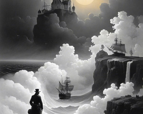 Figure in Top Hat on Cliff Overlooking Dramatic Sea