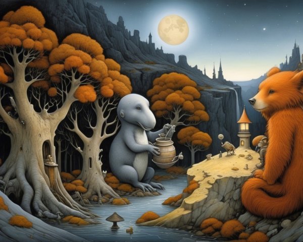 Mystical forest scene with gray creature and orange bear