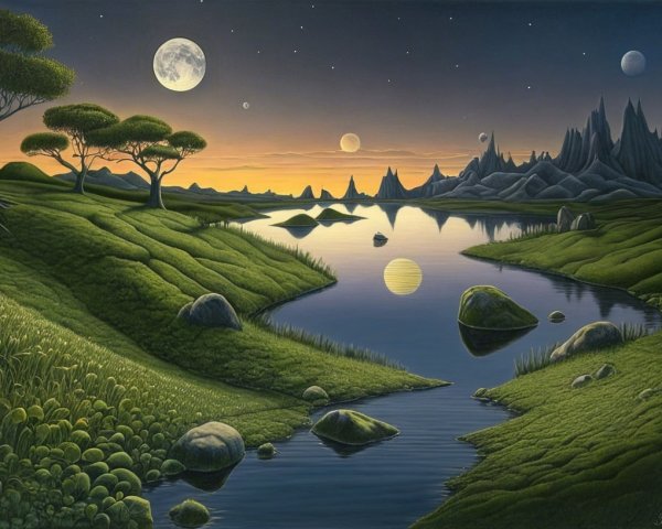Twilight Landscape with River and Multiple Moons