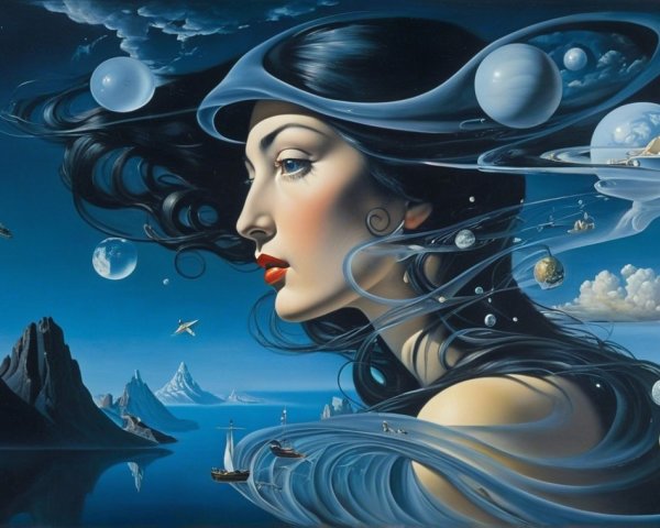 Woman with Dark Hair in Cosmic Seascape Painting