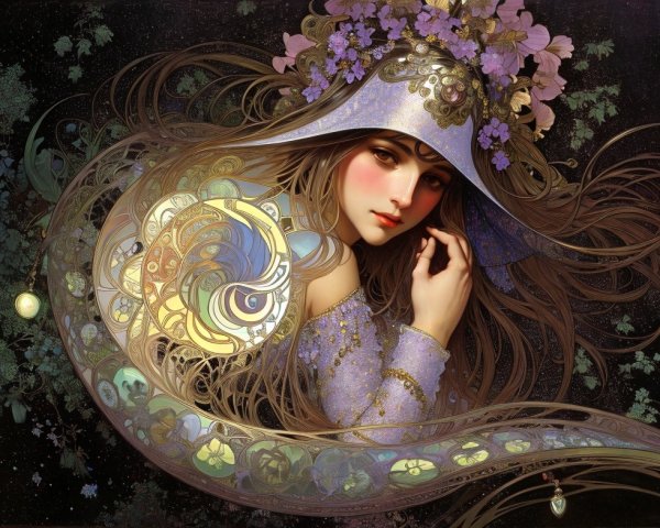 Ethereal figure with floral headdress and vibrant attire