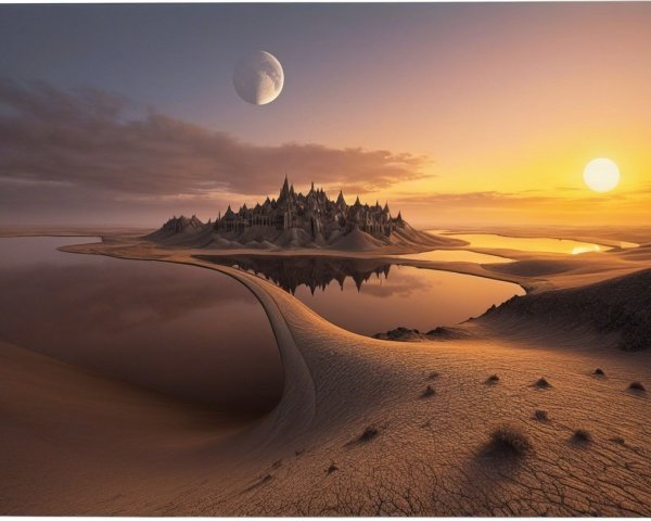 Majestic castle by shimmering lake in arid desert