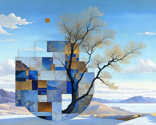 Serene landscape with geometric patterns and nature