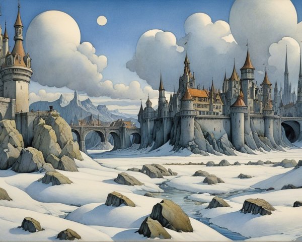 Majestic Castle in a Wintery Fantastical Landscape
