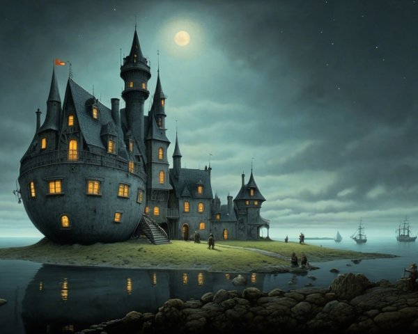 Whimsical castle on an island with moonlit ambiance