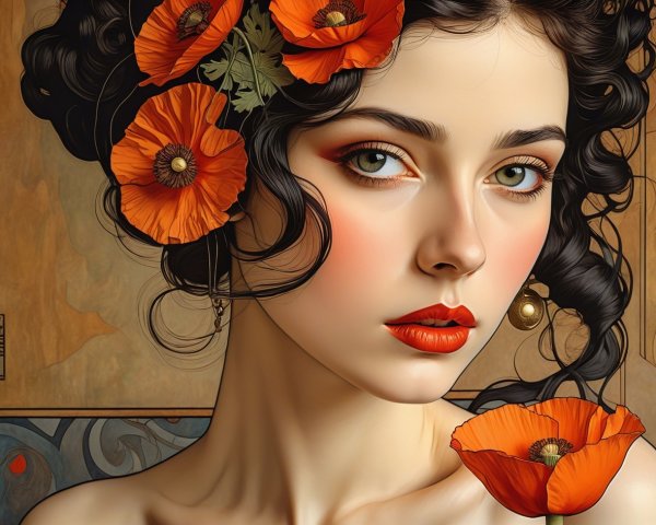 Young woman with green eyes and curly hair with poppies