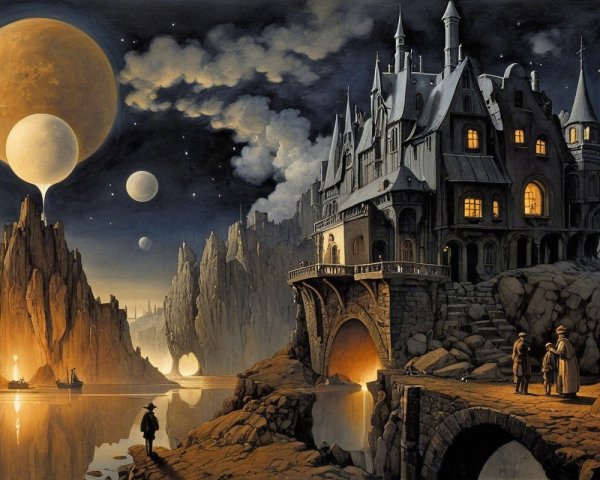 Gothic mansion on cliffs with starry sky and planets