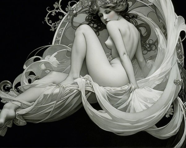 Ethereal Figure in Flowing Fabrics with Floral Motifs