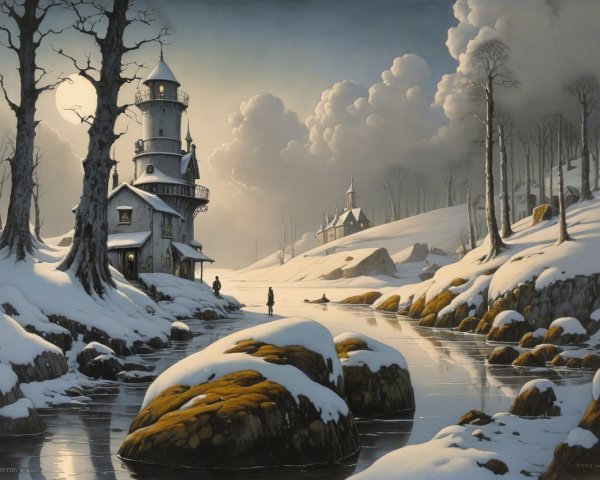 Tranquil Winter Landscape with Tower and Frozen River
