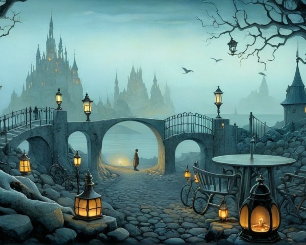 Twilight Scene with Cobblestone Pathway and Castle