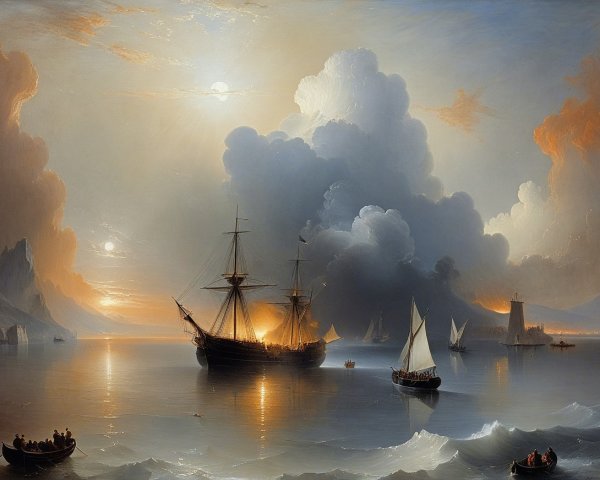 Seascape with Ships and Sunset Over Calm Waters