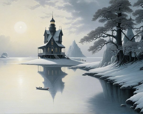 Monochromatic Landscape with Gothic House and Mountains