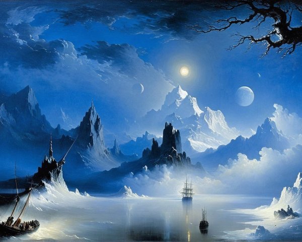Mystical Evening Scene with Celestial Elements and Ships