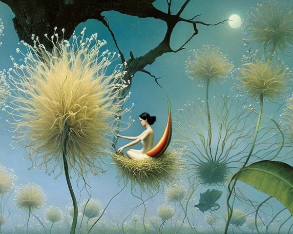 Surreal Landscape with Dandelion and Ethereal Flowers