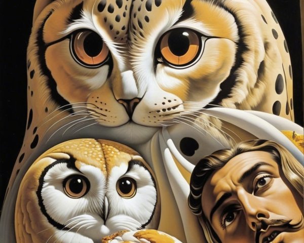 Surreal Artwork with Owls and Human Face Elements