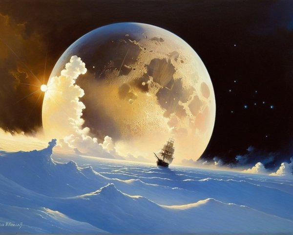 Majestic ship in icy waters under a luminous moon