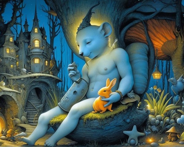 Whimsical Moonlit Forest with Crowned Mouse and Rabbit