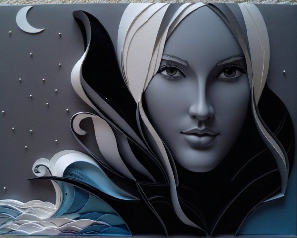 Portrait of a Woman with Ocean Waves and Moon