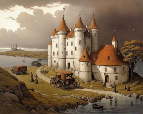 Fairytale Castle Landscape with Vintage Cars and Water