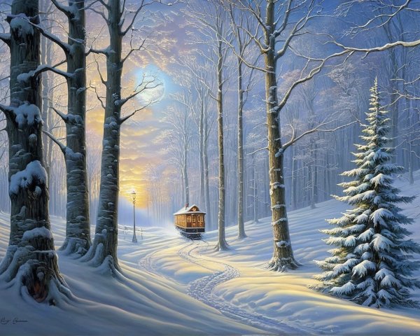 Winter Landscape with Snowy Trees and Vintage Tram