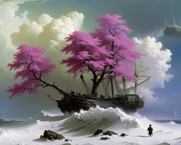 Surreal Seascape with Ships and Vibrant Pink Trees