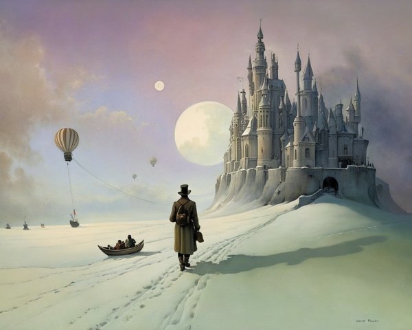 Solitary figure in snowy landscape near a castle