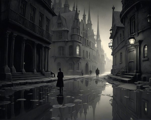 Medieval Town Street Scene with Fog and Gas Lamps