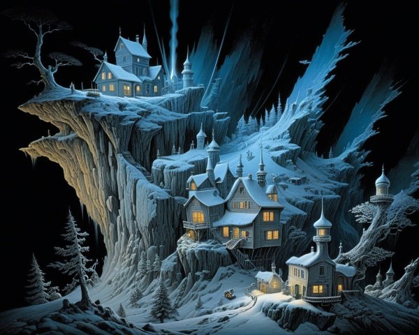 Mystical Winter Landscape with Snow-Covered Houses