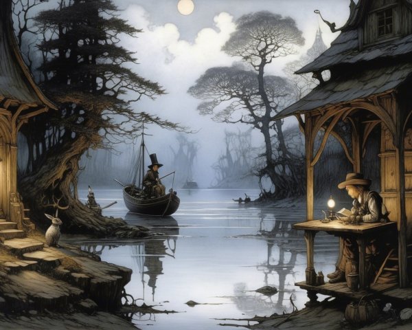 Twilight Scene by Misty River with Wooden House