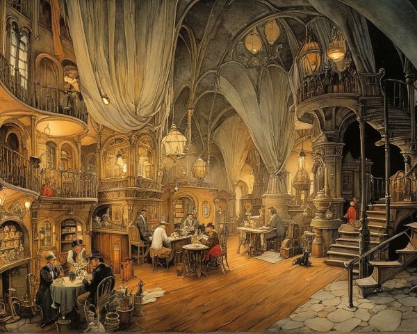 Whimsical Multi-Level Tavern with Intricate Architecture