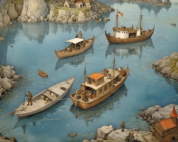 Tranquil Harbor Scene with Boats and Coastal Life