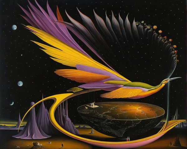 Surreal Landscape with Colorful Bird and Celestial Elements