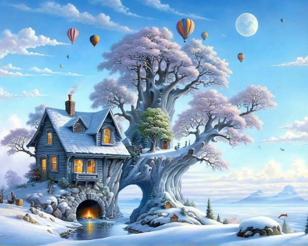 Whimsical Winter Scene with Snowy House and Balloons
