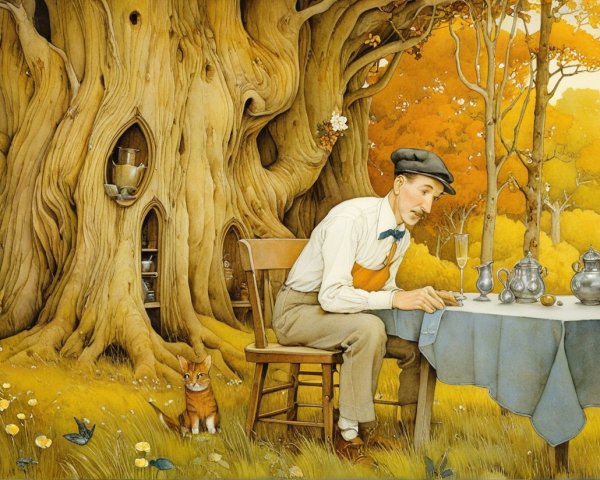 Serene autumn scene with man, cats, and wildflowers