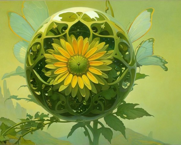 Surreal Scene with Spherical Structure and Flowers