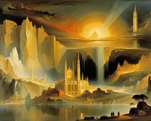 Dramatic Landscape with Cliffs, Waterfalls, and Castles