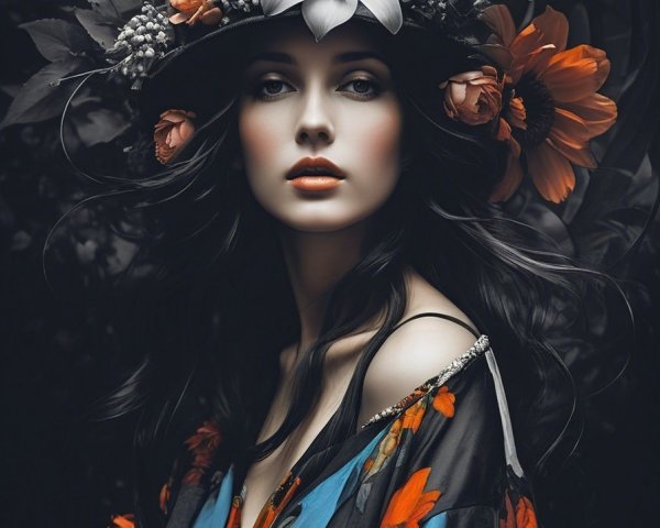 Portrait of a Woman with Floral Crown and Elegant Garment
