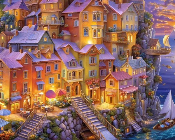 Coastal Village at Dusk with Colorful Houses and Sea