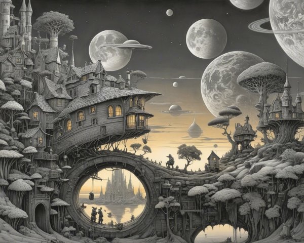 Monochromatic Fantasy Village with Surreal Landscape