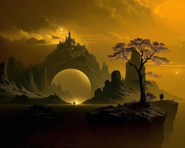 Surreal Dusk Landscape with Castle and Celestial Body