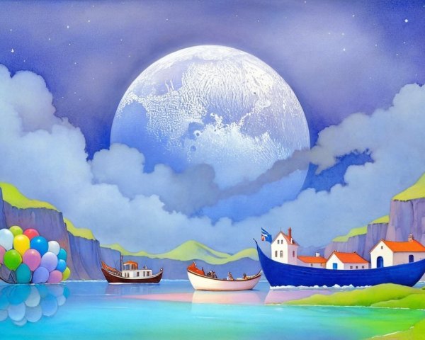 Serene Landscape with Boats and Luminous Moon