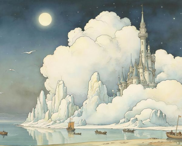 Fairytale Castle Illustration in Cloudy Night Sky